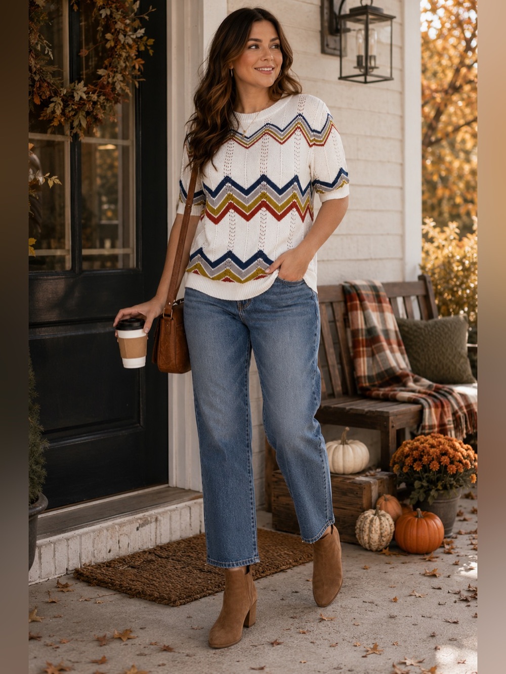 Crescent Ivory Chevron Pattern Retro Short Sleeve Crew Neck Sweater Size Medium